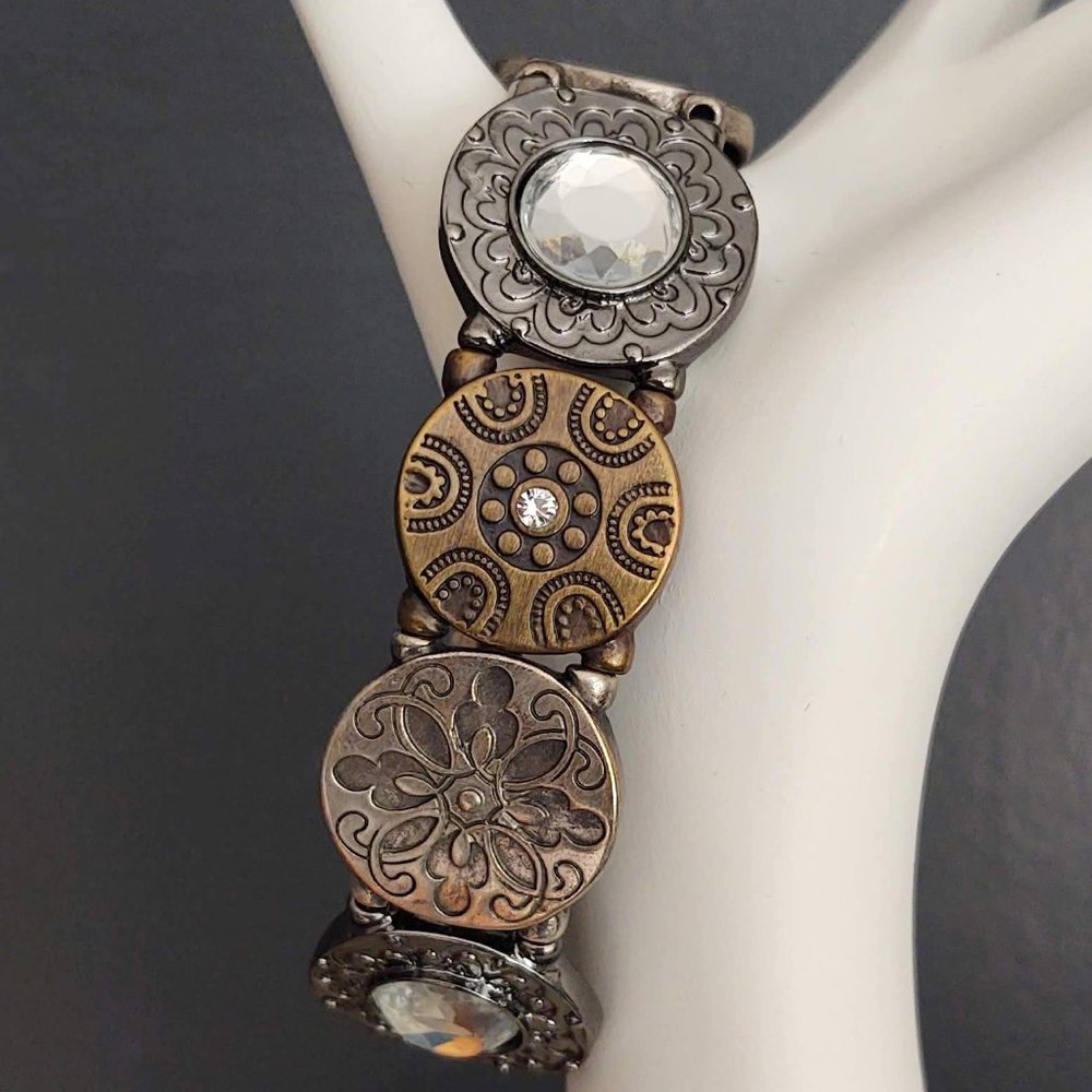 Mixed metal stretch bracelet w/cz accents